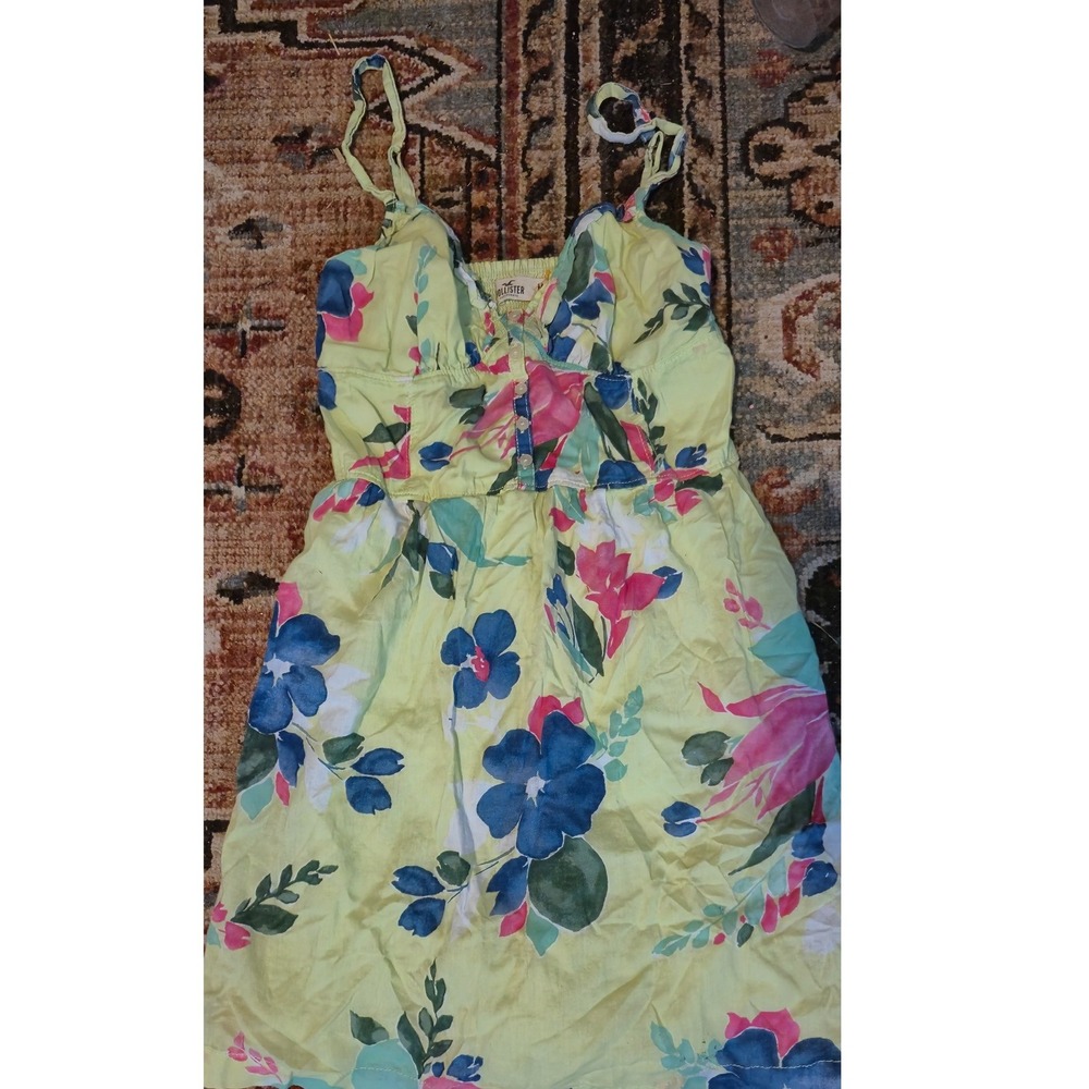 Hollister California Yellow Floral Mini Dress Smocked Back Spaghetti Strap M.